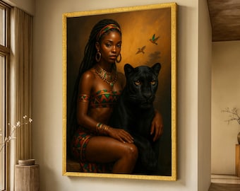 Regal African Queen with Black Panther Canvas, Tribal Woman Portrait Wall Art, Exotic Animal Decor, Ethnic Bohemian Canvas Art, Home