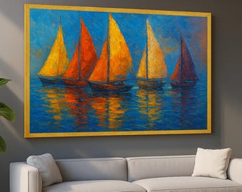 Colorful Sailboats Painting Canvas, Nautical Wall Art, Abstract Seascape Canvas, Ocean Sailboat Decor, Canvas Art, Coastal Living Room Decor