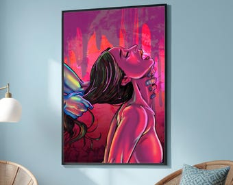Intensiv erotisk popkonst-canvas - Neon passionerade älskare i extatiskt grepp - Djärv modern väggdekoration för sovrum
