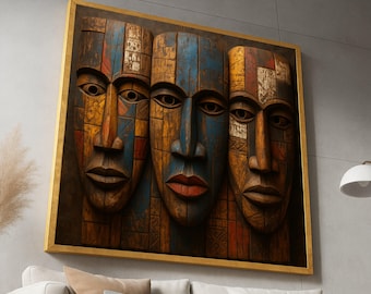 Tribal Afrikaanse maskers canvas muurkunst, houten sculptuur decor, etnische gezichtsportretten, rustieke huisdecoratie, cultureel abstract kunstwerk