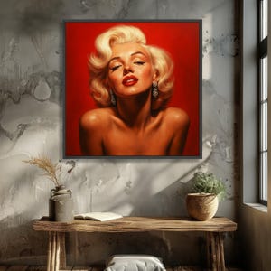 Retrato de mujer rubia glamurosa en lienzo, arte de pared estilo Hollywood vintage, decoración glamurosa sobre fondo rojo, elegante impresión en lienzo femenina imagen 3
