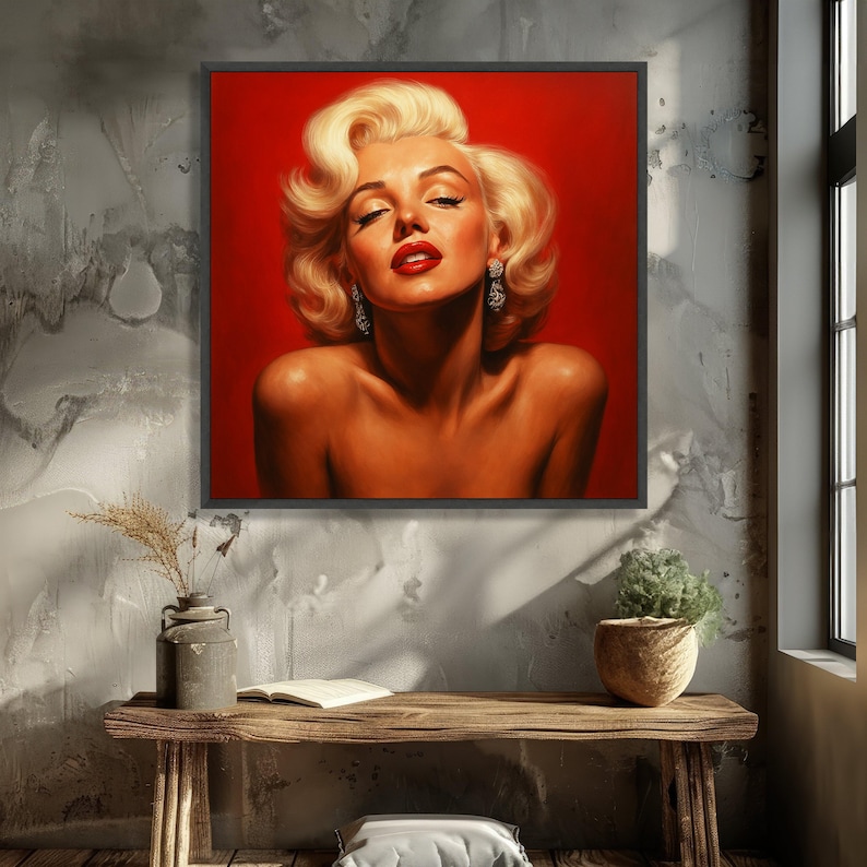 Retrato de mujer rubia glamurosa en lienzo, arte de pared estilo Hollywood vintage, decoración glamurosa sobre fondo rojo, elegante impresión en lienzo femenina imagen 3