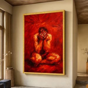 Puede incluir: Una pintura al óleo grande y enmarcada con un marco dorado. La obra de arte representa una figura sentada con las manos cubriendo su rostro, sobre un fondo rojo vibrante. La pintura evoca una sensación de emoción e introspección.