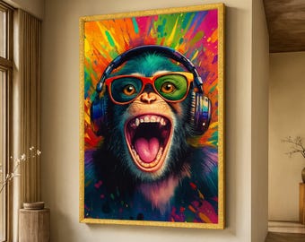 Vibrant Monkey with Headphones Canvas, Colorful Animal Wall Art, Fun Jungle Portrait, Music Lover Decoration, Modern Pop Art Print