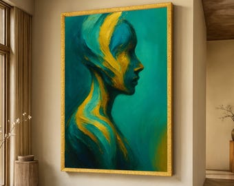 Abstract Female Silhouette Canvas, Blue and Gold Modern Wall Art, Contemporary Portrait Painting, Artistic Home Decor, Ready to Hang Canvas