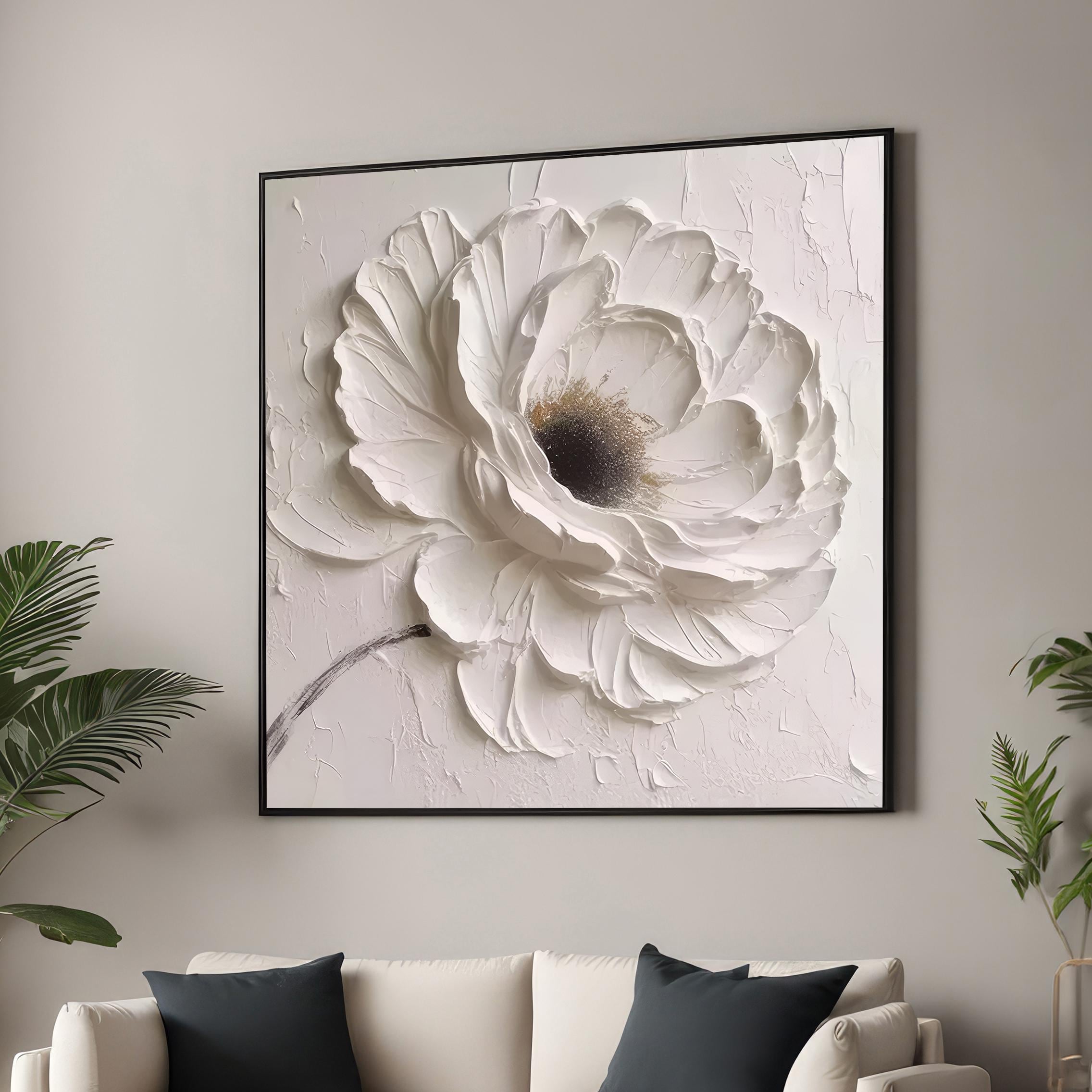 White Flower Canvas Art - Minimalist Floral Painting - Neutral Wall ...