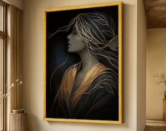 Elegant Female Silhouette Canvas, Abstract Woman Portrait Wall Art, Modern Gold and Blue Decorative Canvas, Feminine Home Decor, Ready to