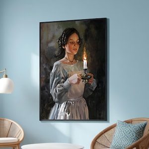 Pu&ograve; includere: Un dipinto di una donna in un abito bianco che tiene una candela accesa in un candelabro. La donna sta guardando la candela con un'espressione pensosa. Il dipinto &egrave; realizzato in uno stile realistico e ha un'atmosfera calda e invitante.