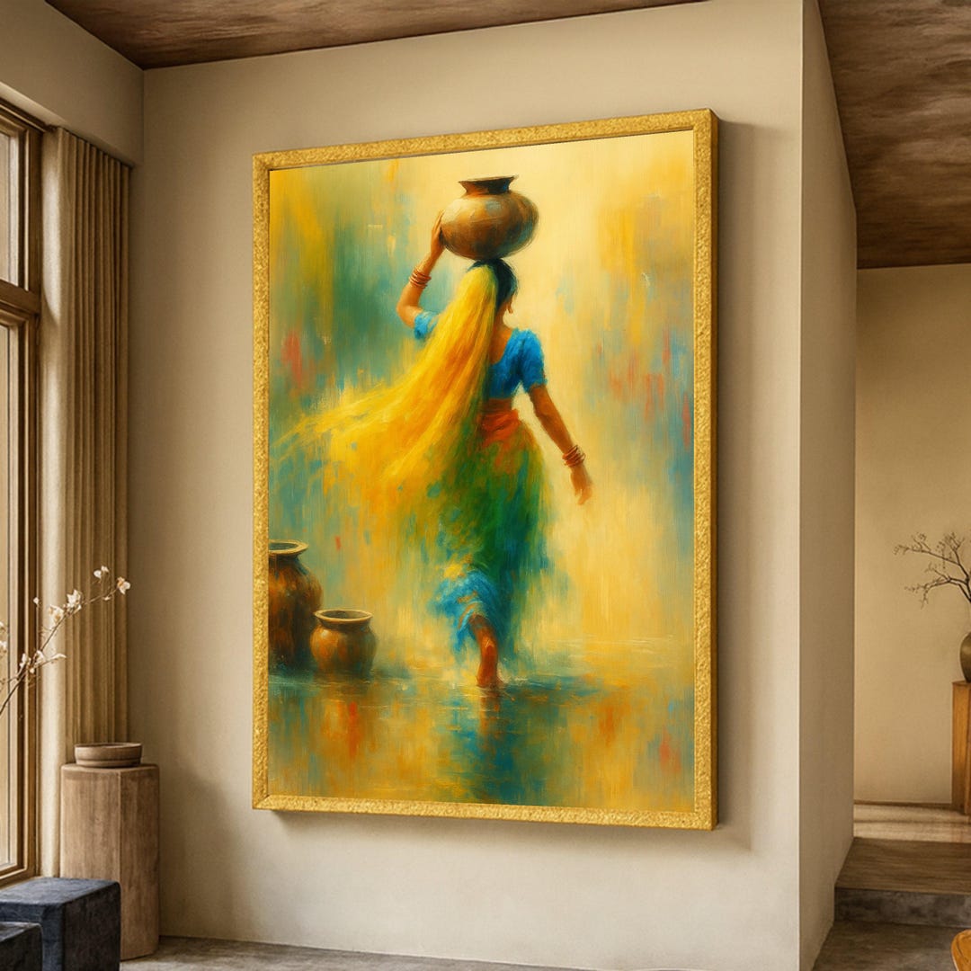 Woman Carrying Pot Canvas Wall Art, Traditional Indian Scene, Colorful ...