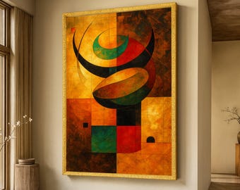 Cuadro abstracto geométrico moderno sobre lienzo, diseño de bloques de color llamativos, decoración contemporánea para el hogar, acentos naranja, rojo y verde.