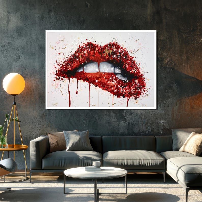 Modern Red Lips Canvas Art - Sparkling Pop Art Style Mouth - Chic Bold ...