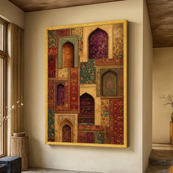 Vintage Persian Doors and Floral Rugs Canvas, Ornate Archway Wall Art, Traditional Middle Eastern Decor, Colorful Textile Pattern Canvas,