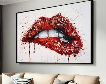Modern Red Lips Canvas Art - Sparkling Pop Art Style Mouth - Chic Bold Decorative Wall Art