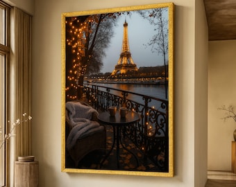 Balcón parisino acogedor al atardecer, lienzo con la Torre Eiffel, luces cálidas, arte mural, paisaje urbano romántico, decoración para el hogar, listo para colgar