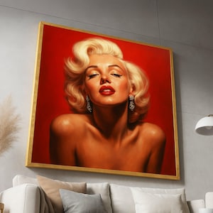 Retrato de mujer rubia glamurosa en lienzo, arte de pared estilo Hollywood vintage, decoración glamurosa sobre fondo rojo, elegante impresión en lienzo femenina imagen 1