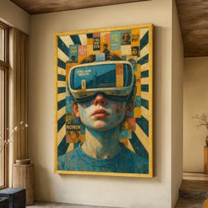 May include: A framed art print depicting a person wearing a VR headset. The artwork has a retro, collage-like style with a blue and yellow colour scheme. The VR headset has the text "FIRST HEAD MESS 30" on it. The background is a mix of stripes and small images.