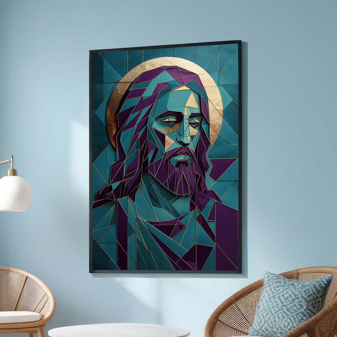 Jesus Geometric Geometric Jesus Christ Canvas - Sacred Abstract Wall Art With Gold Halo ...