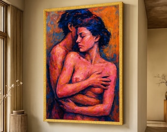 Intimate Embrace, Romantic Couple Canvas Wall Art, Expressionist Sensual Home Decor, Emotional Relationship Artwork