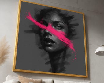 Bold Abstract Portrait Canvas, Modern Female Face Wall Art, Dark Grey and Neon Pink Paint Splash, Contemporary Canvas Decoration