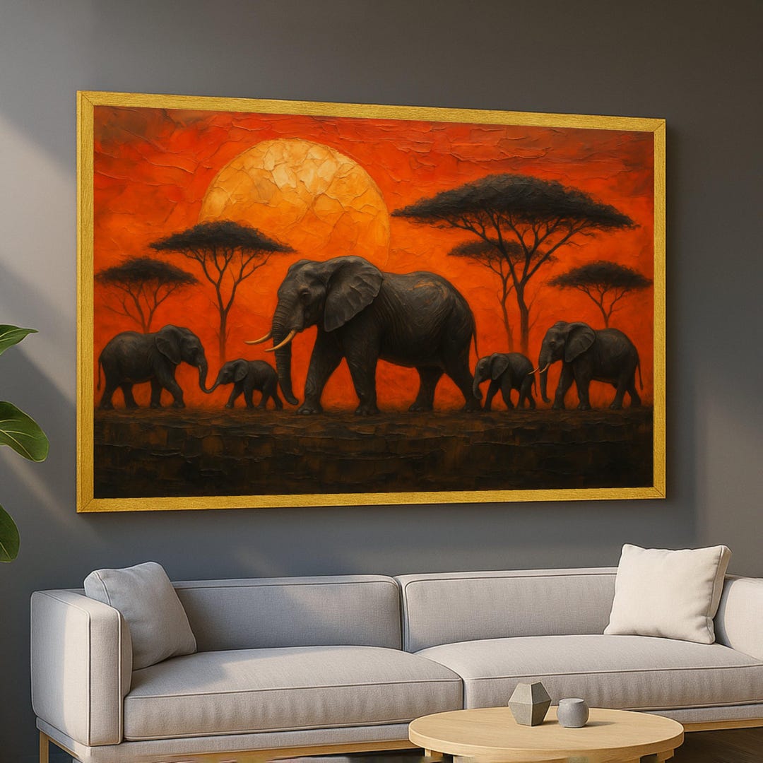 African Elephant Family Canvas Wall Art, Sunset Safari Landscape ...
