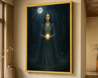 Mystical Moonlight Queen Canvas, Fantasy Woman Wall Art, Enchanted Forest Night Scene, Magical Glow Canvas, Ethereal Home Decoration