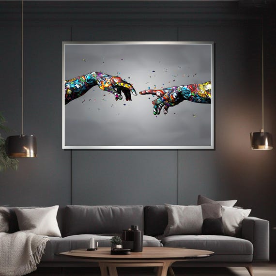 Graffiti Creation of Adam Hands Print - Vibrant Pop Art Canvas