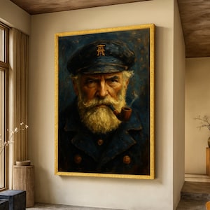 Può includere: Ritratto incorniciato di un uomo anziano con barba bianca e berretto da capitano blu scuro. Sta fumando la pipa. Il dipinto ha una cornice dorata ed è esposto su una parete beige.