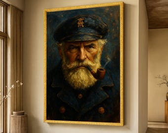 Ritratto su tela di un vecchio capitano di mare, arte murale nautica marittima, dipinto di un pescatore d'epoca, arredamento rustico per la casa in stile costiero, arte di un uomo che fuma la pipa