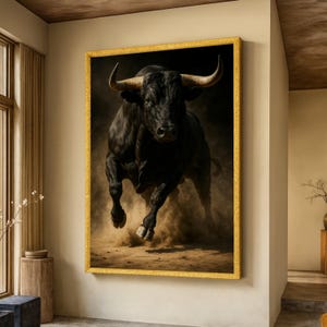 Krachtige opladende stier canvas muurkunst, fotografie van wilde dieren, rustieke huisdecoratie, felle dieren in het wild print, klaar om op te hangen kunst