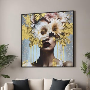 Surreal Floral Woman with Gold Accents Canvas Print - Abstract Fashion Art - Elegant Modern Wall Decor for Glamorous or Contemporary Spaces