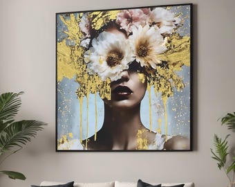 Surreale Blumenfrau mit Goldakzenten Leinwanddruck - Abstrakte Modekunst - Elegantes modernes Wanddekor für glamouröse oder zeitgenössische Räume