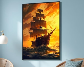 Majestic Sailing Ship at Sunset Canvas Art - Ocean Adventure With