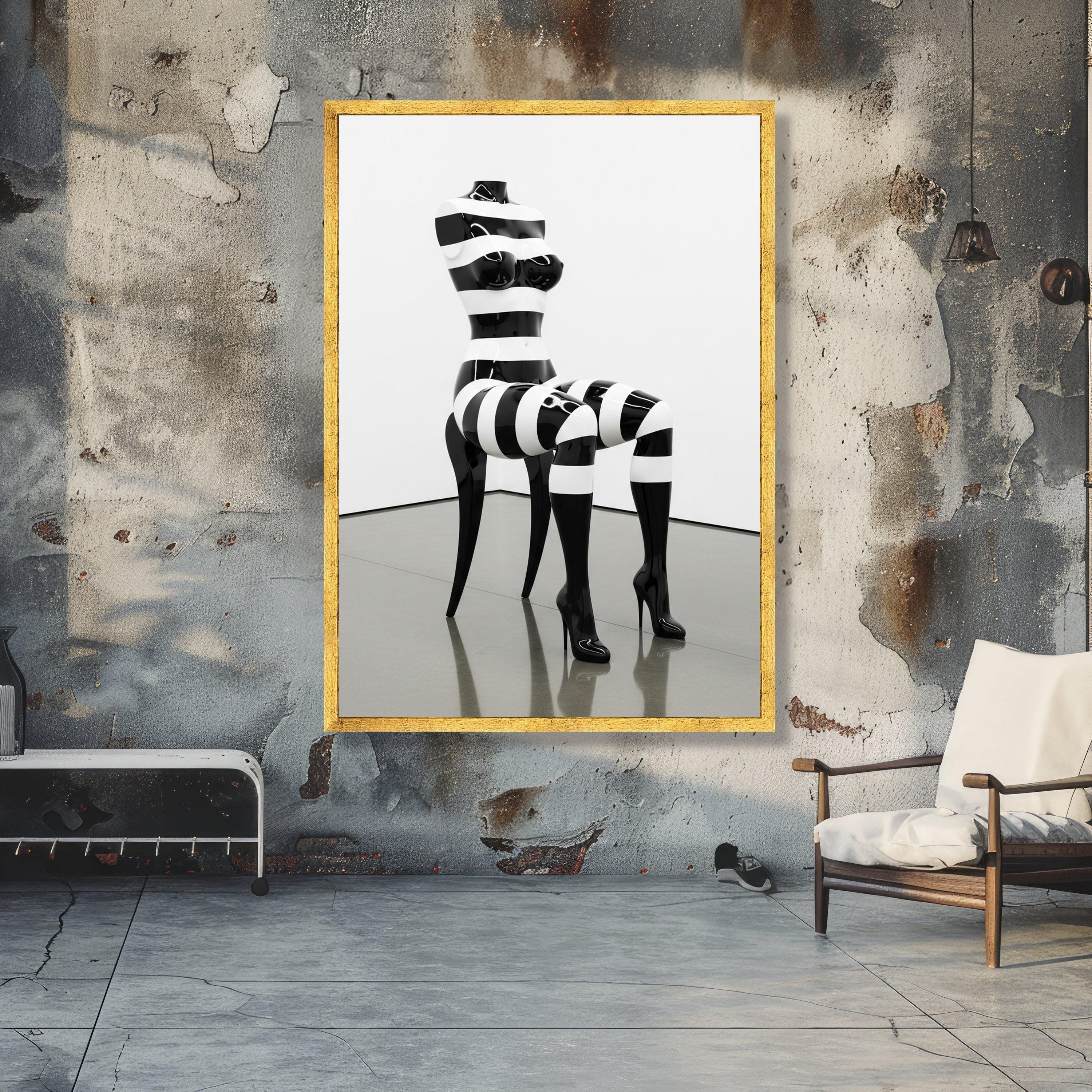 Modern Abstract Woman Sculpture Canvas, Black and White Striped Art ...
