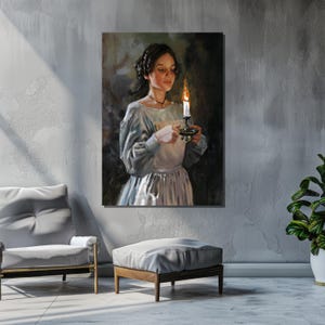 Pu&ograve; includere: Un dipinto di una donna in un abito bianco che tiene una candela in un candelabro. La donna sta guardando la candela e ha un'espressione pensosa sul viso. Lo sfondo &egrave; scuro e il dipinto ha un'atmosfera romantica.