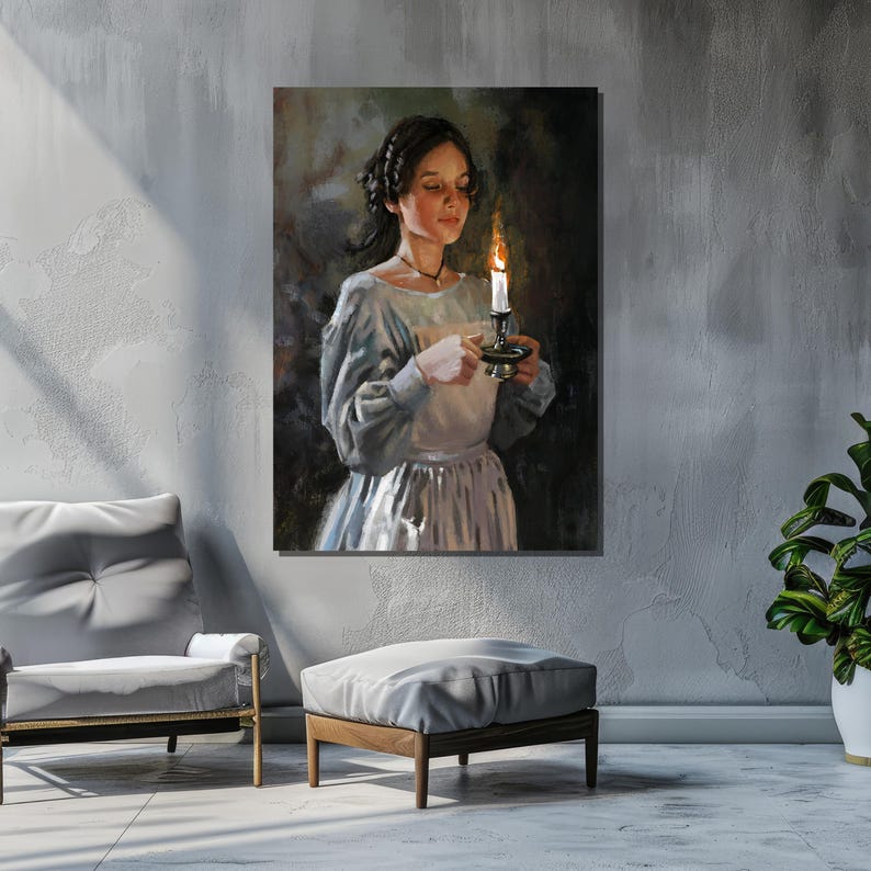 Pu&ograve; includere: Un dipinto di una donna in un abito bianco che tiene una candela in un candelabro. La donna sta guardando la candela e ha un'espressione pensosa sul viso. Lo sfondo &egrave; scuro e il dipinto ha un'atmosfera romantica.