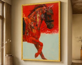 Vibrant Red Horse Canvas Wall Art, Abstract Equestrian Bold Animal Decor for Living Room, Modern Canvas Wall Decoration