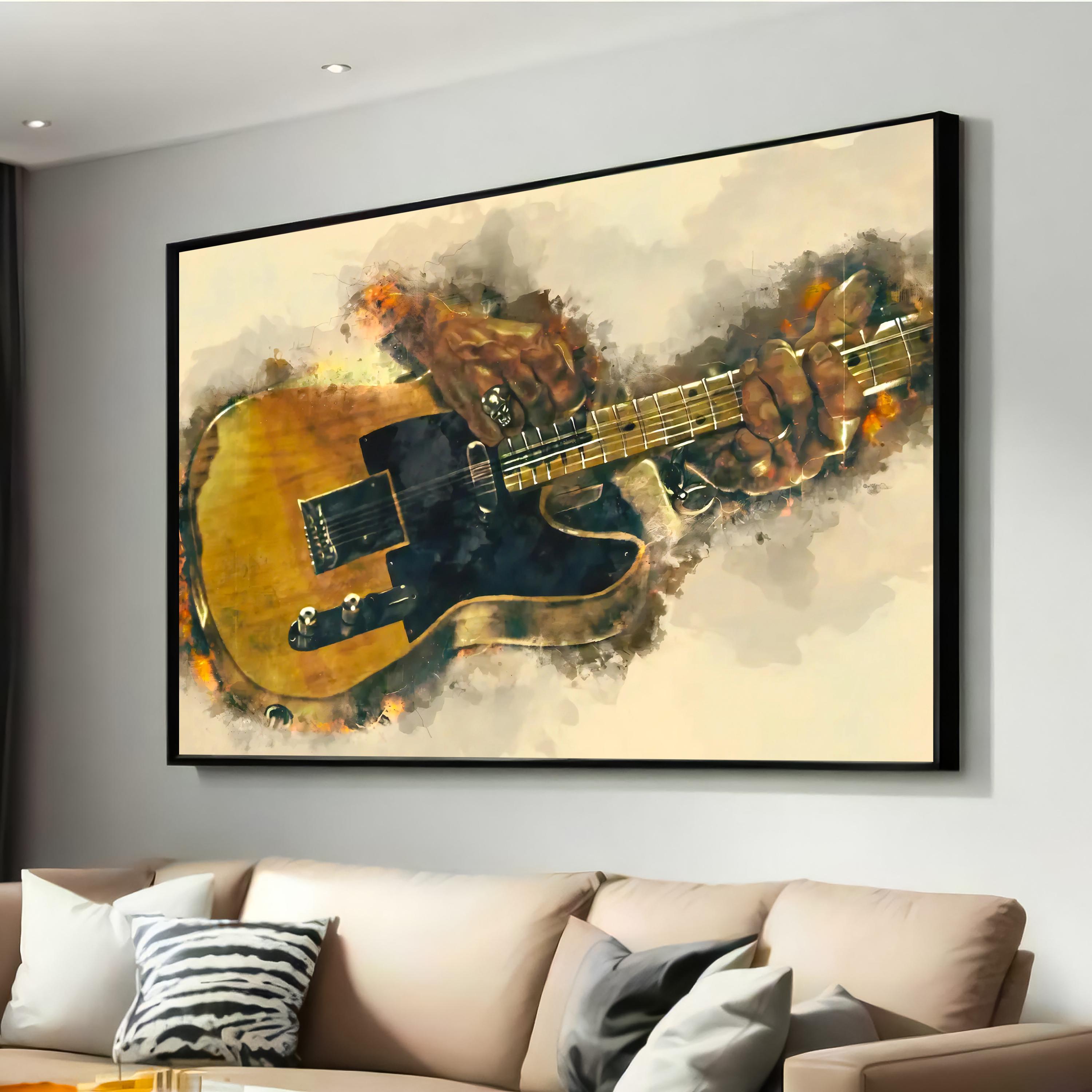 ロックギタリスト キャンバスプリント - エレキギターのグランジ水彩画