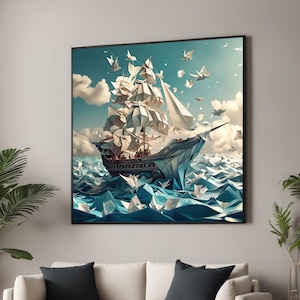 Impressão em tela de navio de origami caprichoso - Veleiro de papel surreal e arte marinha - Decoração de parede de aventura no oceano para sala de estar ou escritório