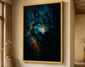 Mystical Wolf Portrait Canvas, Abstract Animal Wall Art, Blue and Orange Modern Canvas, Fierce Wildlife Decoration, Ready to Hang Home Art