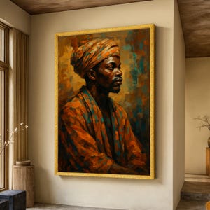 African Man Portrait Canvas, Ethnic Wall Art, Traditional Headwrap Painting, Cultural Home Decor, Bold Orange and Blue Canvas Art image 1