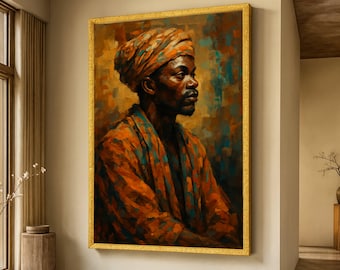 Afrikanischer Mann Porträt Leinwand, Ethnische Wandkunst, Traditionelle Kopftuchmalerei, Kulturelle Wohnkultur, Bold Orange und Blau Canvas Art