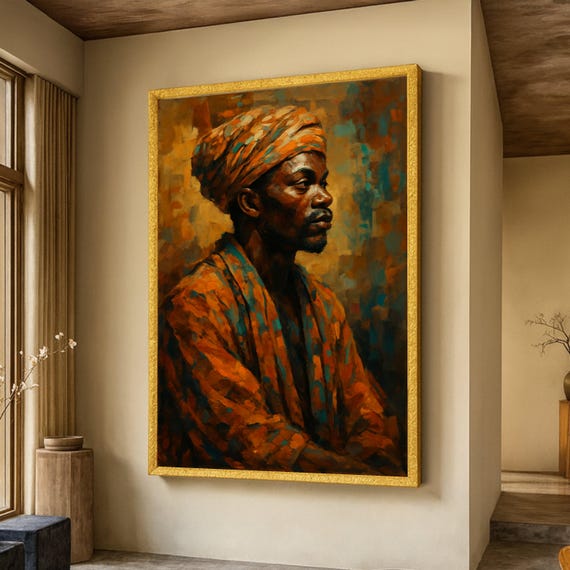 African Man Portrait Canvas, Ethnic Wall Art, Traditional Headwrap Painting, Cultural Home Decor, Bold Orange and Blue Canvas Art