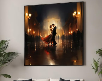 May include: A painting of a couple dancing in a dimly lit city street. The woman is wearing a red dress and the man is wearing a suit. The couple is silhouetted against a bright light in the background.