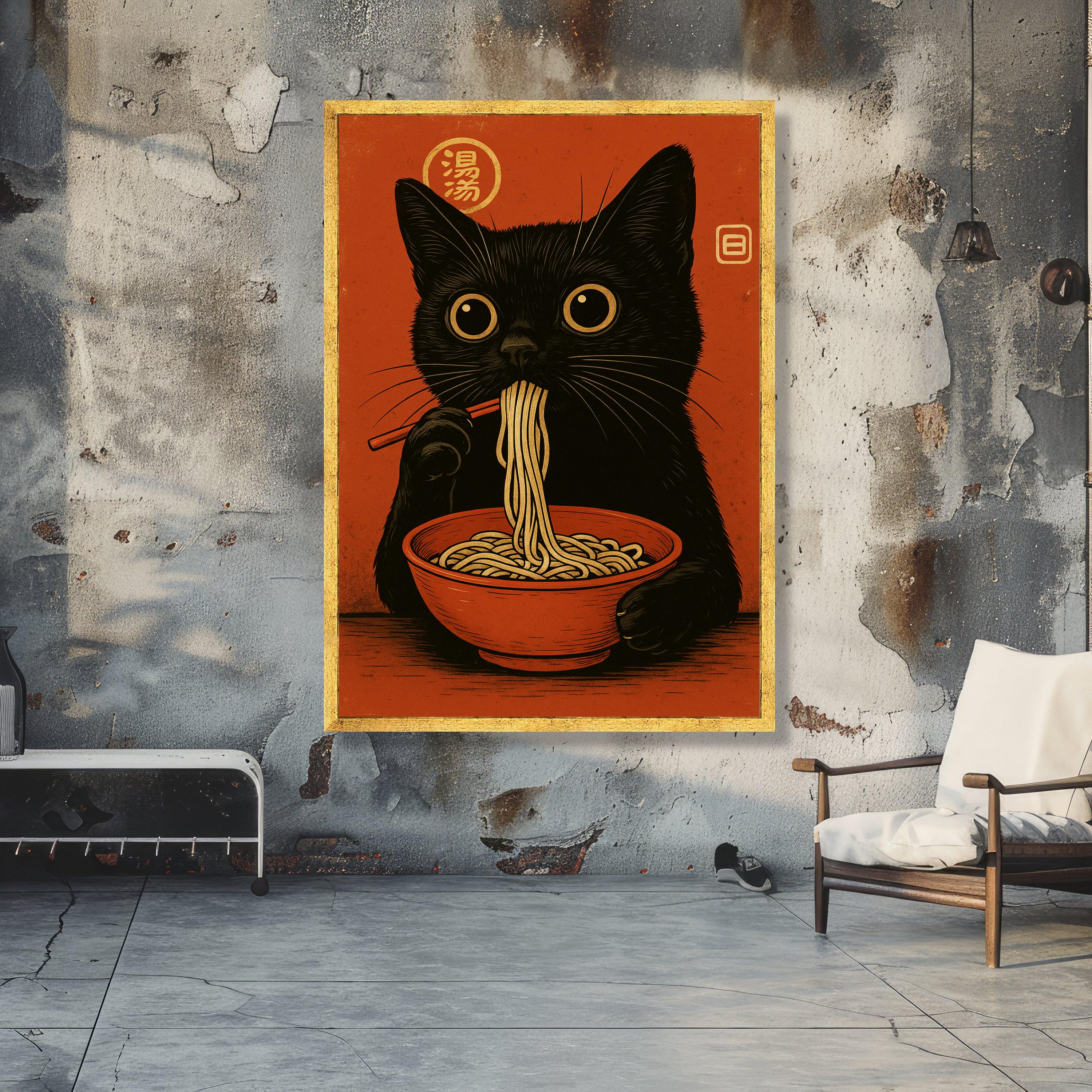 黒猫が麺を食べるキャンバス、かわいい動物の壁アート、アジア料理の