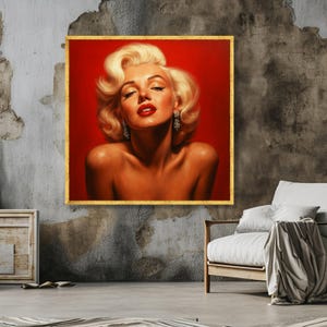 Retrato de mujer rubia glamurosa en lienzo, arte de pared estilo Hollywood vintage, decoración glamurosa sobre fondo rojo, elegante impresión en lienzo femenina imagen 2