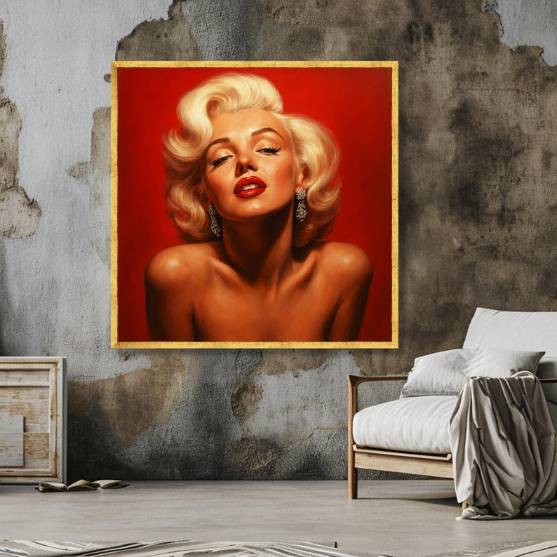 Retrato de mujer rubia glamurosa en lienzo, arte de pared estilo Hollywood vintage, decoración glamurosa sobre fondo rojo, elegante impresión en lienzo femenina imagen 2