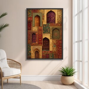Vintage Persische Türen und Blumenteppiche Leinwand, Verzierte Torbogen Wandkunst, Traditionelles Dekor aus dem Nahen Osten, Bunte Textilmuster Leinwand, Bild 3
