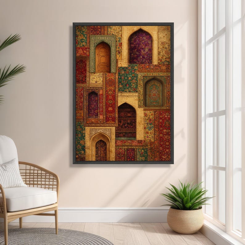 Vintage Persische Türen und Blumenteppiche Leinwand, Verzierte Torbogen Wandkunst, Traditionelles Dekor aus dem Nahen Osten, Bunte Textilmuster Leinwand, Bild 3