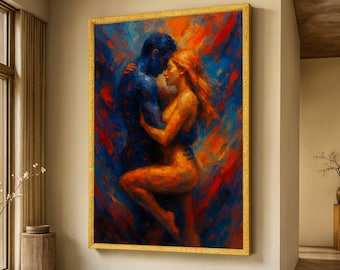 Passionate Embrace Abstract Canvas, Romantic Couple Wall Art, Modern Expressionism Painting, Intimate Lovers Canvas, Bold Colorful Home