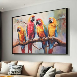 Lebendige Papageien auf Ast Leinwanddruck - Kühne und bunte Wildtier Kunst - Tropischer Vogel Wanddekor mit Impressionismus Stil für ein modernes Zuhause